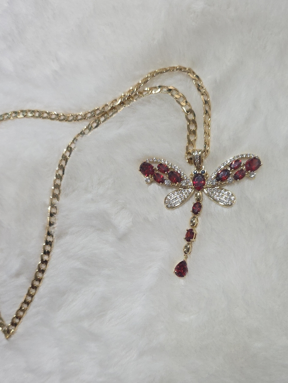 14k Gold Plated Dragonfly Pendant Necklace with Red Crystal Wings